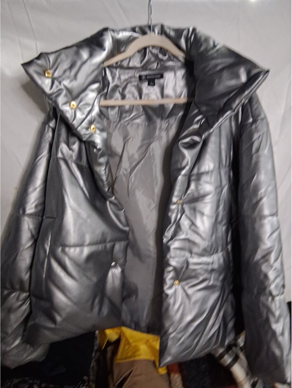 INC International Concepts Faux Leather Puffer Coat Silver Women's Sz L
